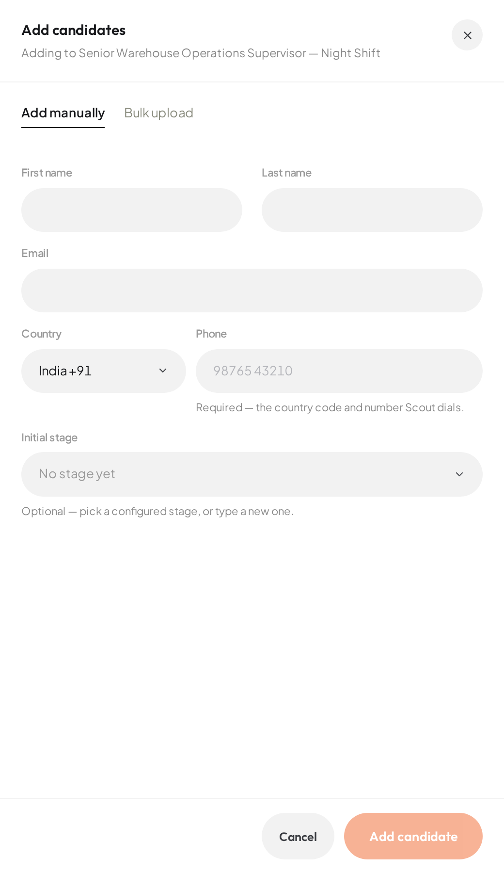 The Add candidates drawer, with the Add manually and Bulk upload tabs.