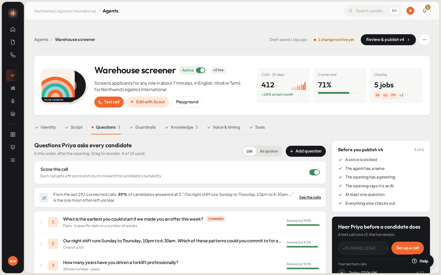 The agent editor for a phone screening agent: Test call and Playground buttons, the section tabs from Identity to Tools, the Questions section open, and a panel to place a test call to your own phone.