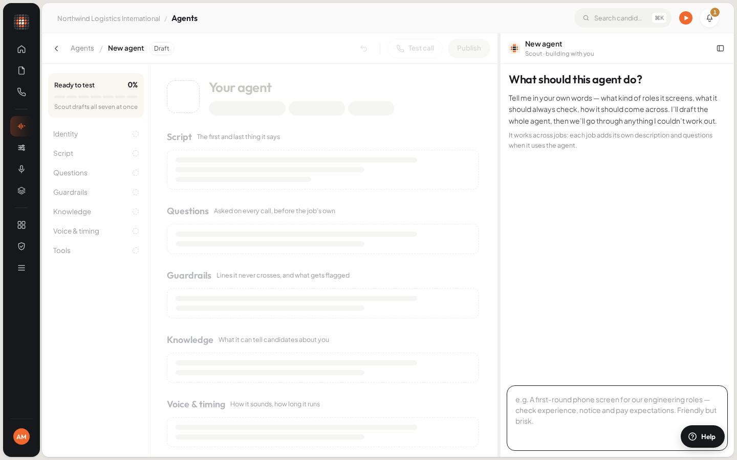 Agent Studio: a chat box to describe the agent you want Scout to build.