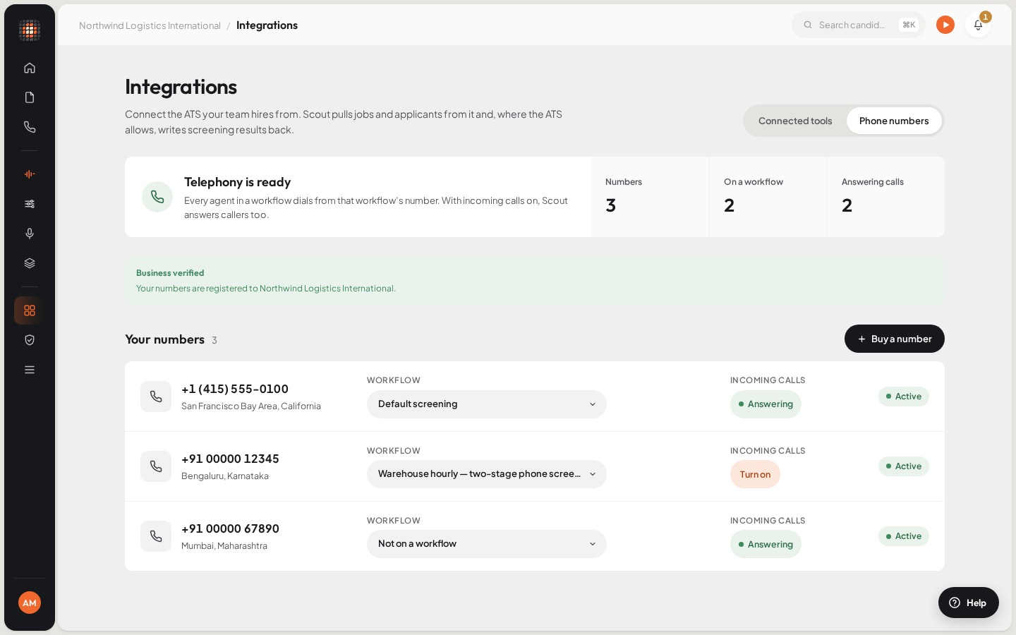 Integrations, Phone numbers: your business verification status, the numbers you own, the workflow each one calls for, and whether it answers incoming calls.