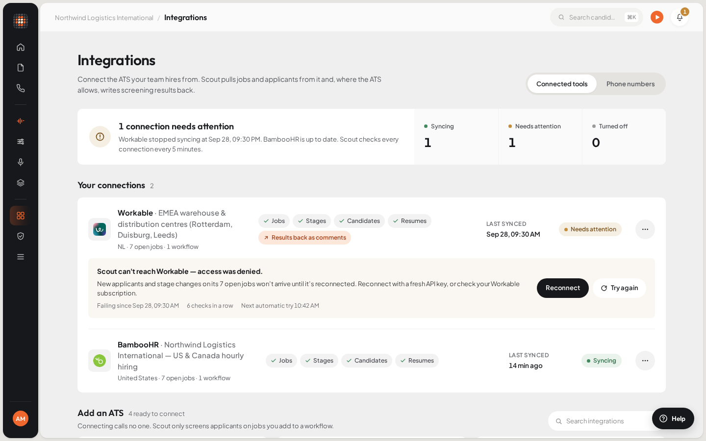 Integrations, Connected tools: the health of each connected ATS, your connections with their status and last sync, and the ATSs you can add.