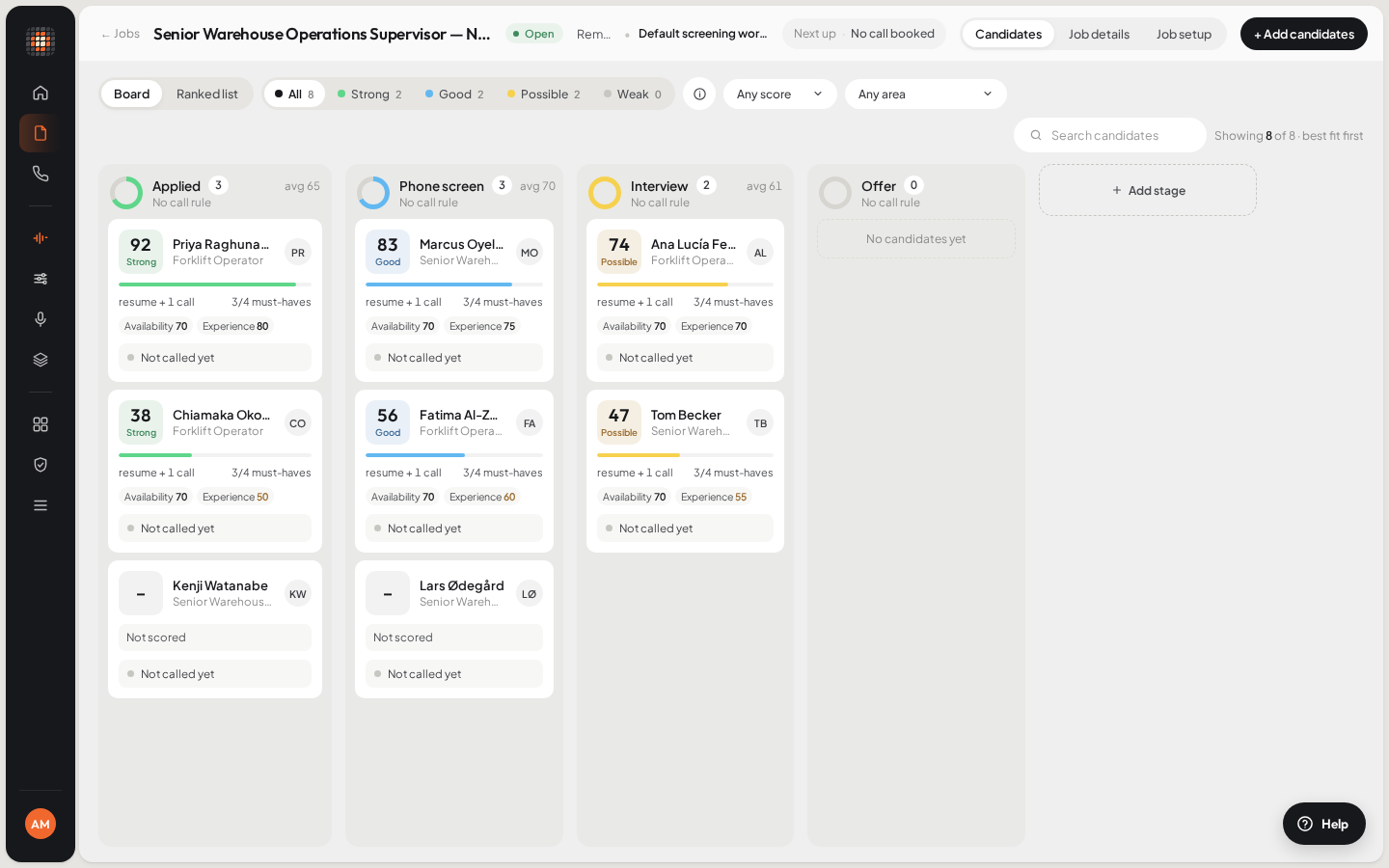 A job's Candidates tab as a board, with candidates in columns by pipeline stage and their fit scores.