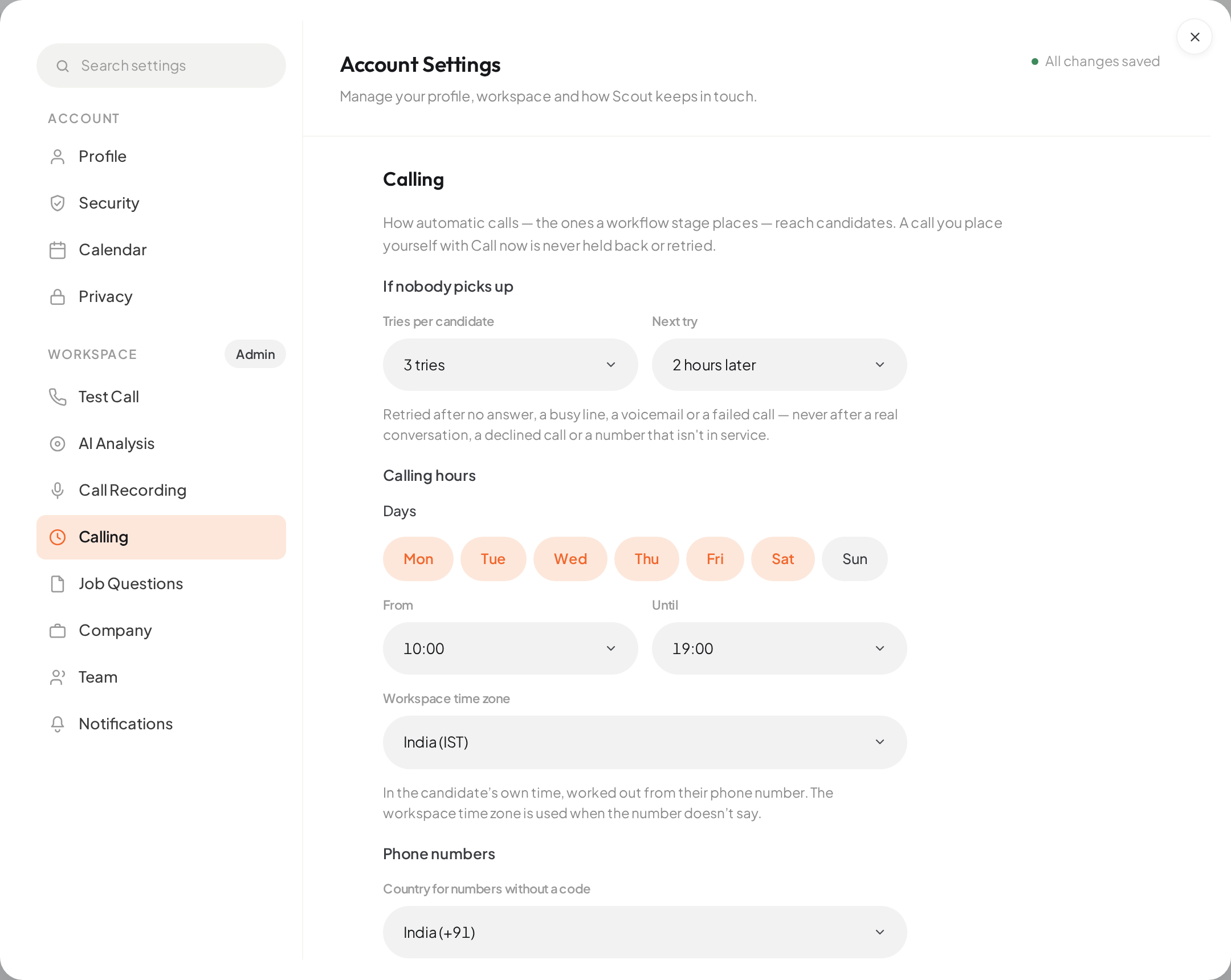 Account settings, Calling: tries per candidate, the wait before the next try, calling days and hours, the workspace time zone, and the country for numbers without a code.