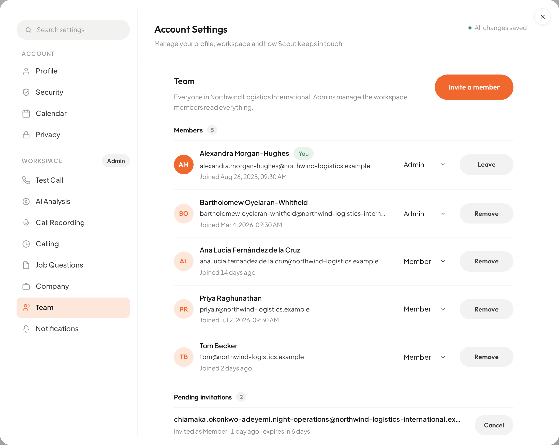 Account settings, Team: the members of the workspace with their roles, pending invitations, and the Invite a member button.