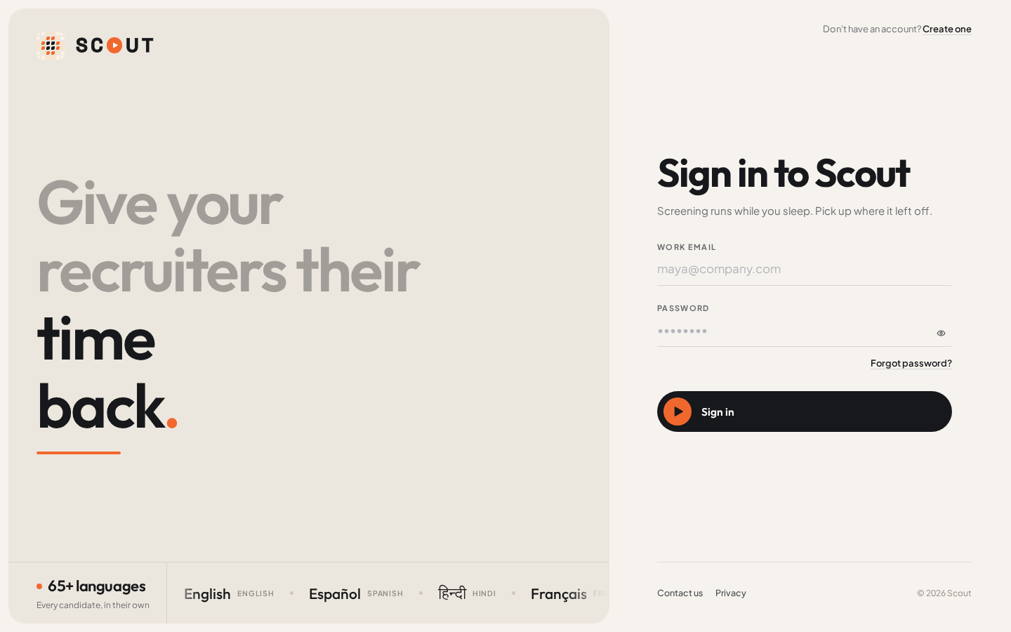The Sign in to Scout page, with Work email and Password fields, a Forgot password link and the Sign in button.